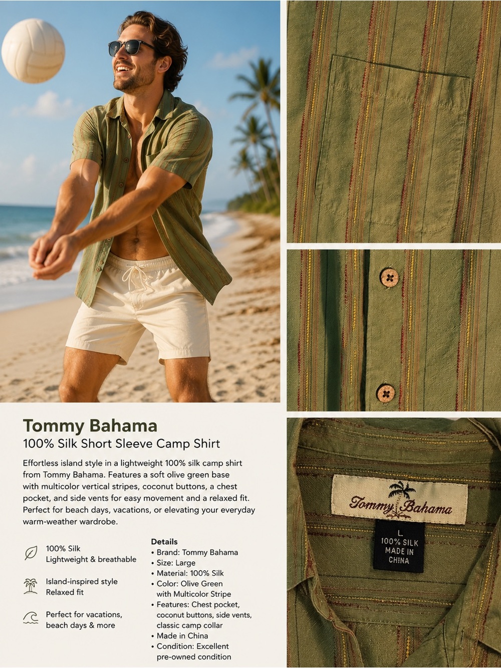Tommy Bahama Olive Green Silk Camp Shirt with Multicolor Stripes